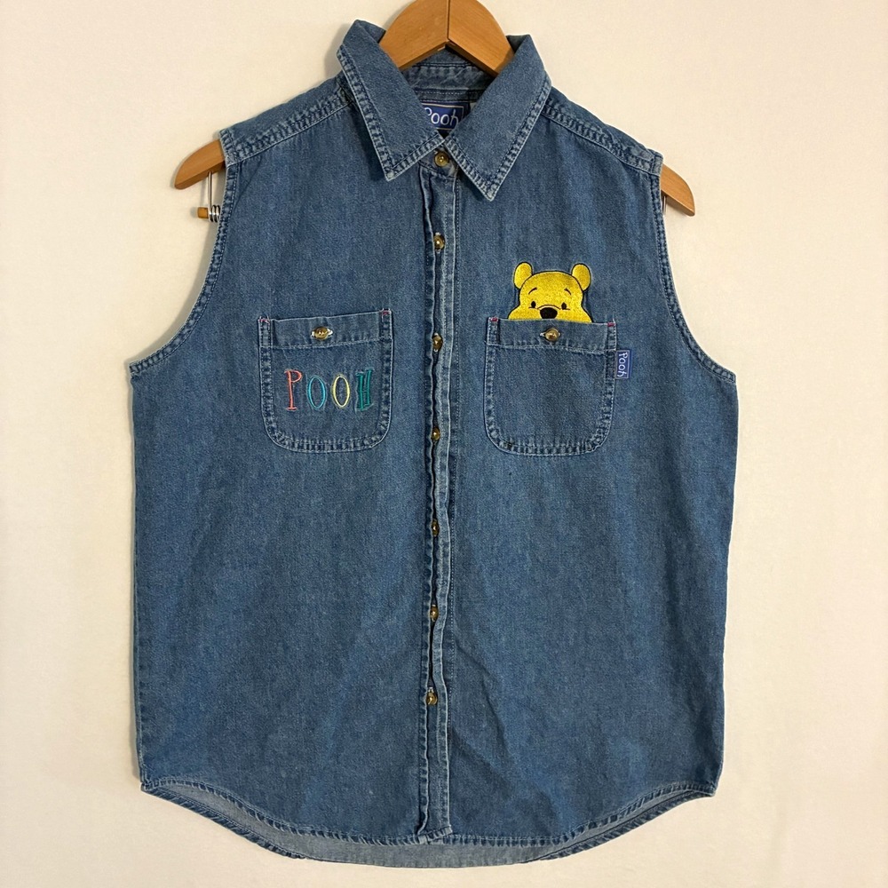 Disney Winnie The Pooh Denim Vest Womens Size L Embroidered Jerry Leigh